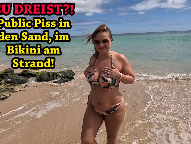 Thumbnail of THREE?! Public piss in the sand, in a bikini on the beach!