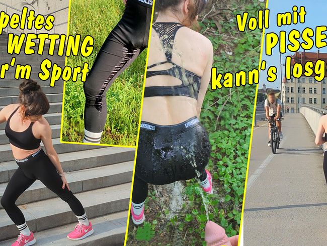 Thumbnail of Double wetting during sports. Tranny is jogging in public full of piss!