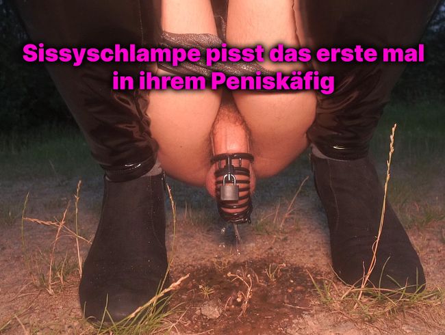 Thumbnail of Sissy slut Jana pisses for the first time with a penis cage outdoors