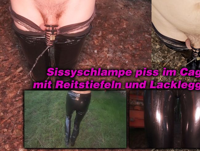 Sissy slut pisses in penis cage with patent leggings and riding boots with walk