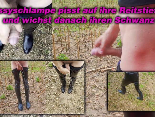 Thumbnail of Sissy slut in shiny leggings pisses on her riding boots and then jerks off her cock