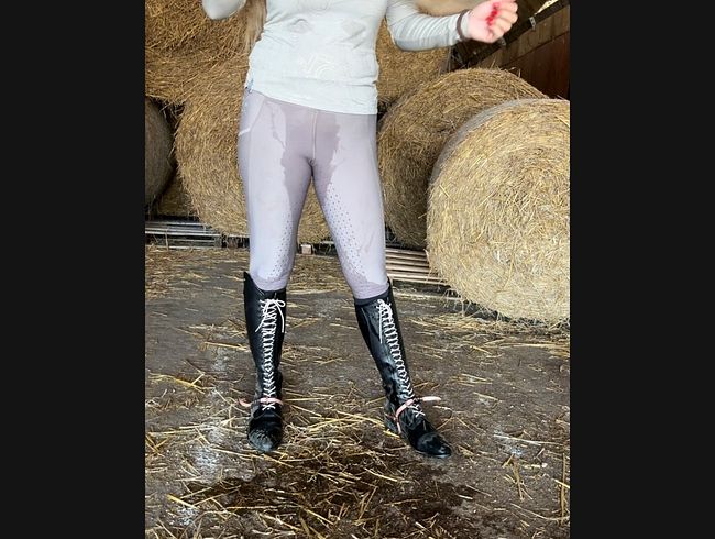 Thumbnail of Rider in boots pisses her riding pants for you