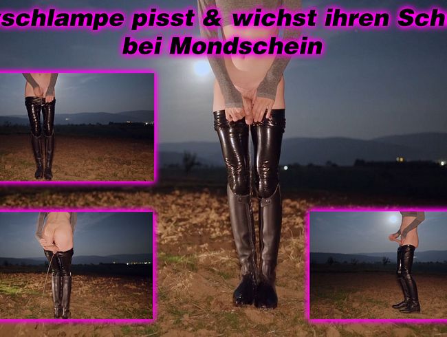 Thumbnail of Sissy slut pisses in shiny leggings and riding boots & then jerks off her cock in the moonlight