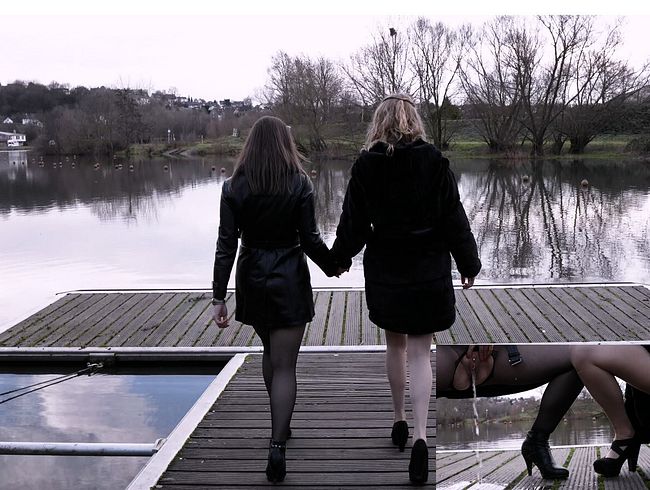 Thumbnail of Public Piss Parade #23. Hot pantyhose, full bladders and cheeky giggles on the jetty!