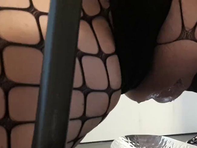 Thumbnail of Pissing hot in the black fishnet bodysuit on the love chair...
